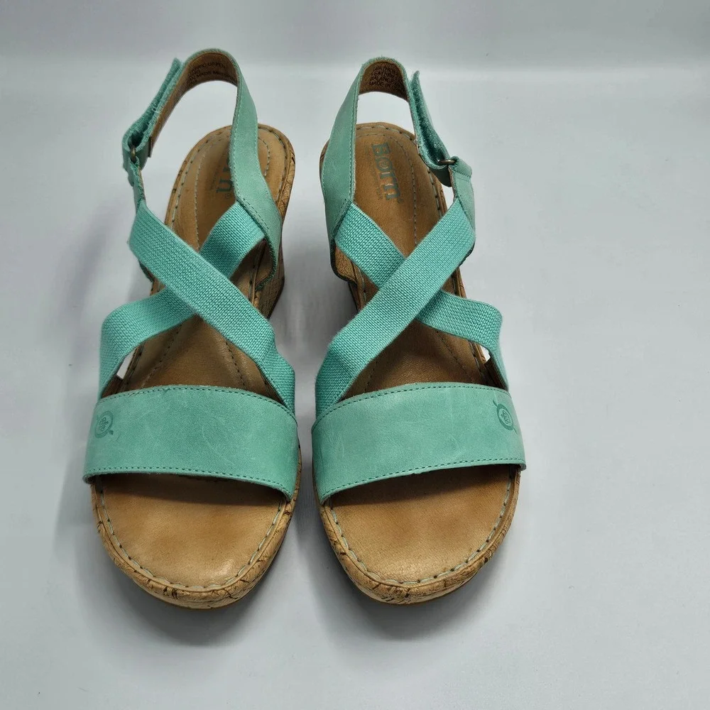 Born Womens Mint Green Leather Cork Wedge Sandals Elastic Straps Size 8